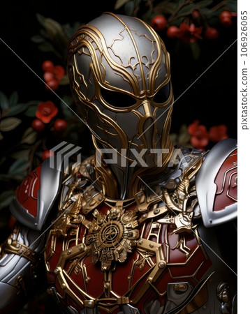Superhero man in white mask with golden patterns in the form of web. AI Superhero man in white mask with golden patterns in the form of web. AI 106926065