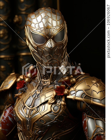 Superhero man in gold mask with golden patterns in the form of web. AI Superhero man in gold mask with golden patterns in the form of web. AI 106926067