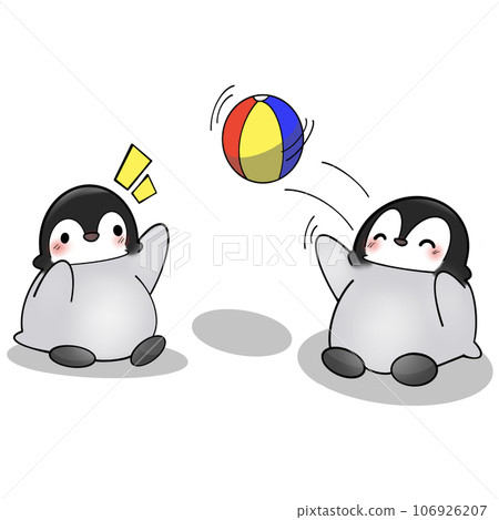 Penguins playing ball on the beach  106926207