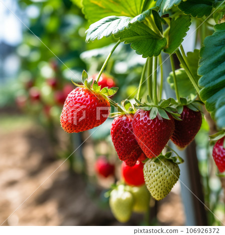 Strawberry field in summer. Ripe strawberries growing in the garden 106926372