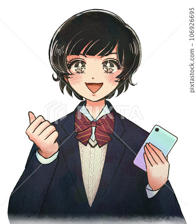 Cartoon-style illustration of a junior high school student making his long-awaited smartphone debut 106926695