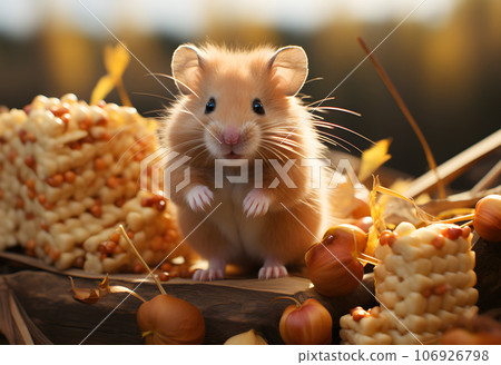 Hamster in the autumn forest on a background of autumn leaves 106926798