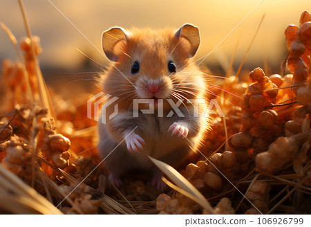 Hamster in a wheat field at sunset. Animal in the nature Hamster in a wheat field at sunset. Animal in the nature 106926799