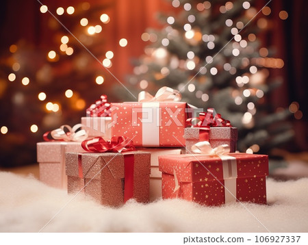 Groups of Christmas presents and balls against the backdrop of a festive Christmas tree with colored festive lights. Groups of Christmas presents and balls against the backdrop of a festive Christmas tree with colored festive lights. 106927337