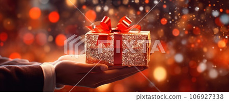 Groups of Christmas presents and balls against the backdrop of a festive Christmas tree with colored festive lights. Groups of Christmas presents and balls against the backdrop of a festive Christmas tree with colored festive lights. 106927338