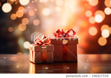 Groups of Christmas presents and balls against the backdrop of a festive Christmas tree with colored festive lights. Groups of Christmas presents and balls against the backdrop of a festive Christmas tree with colored festive lights. 106927339