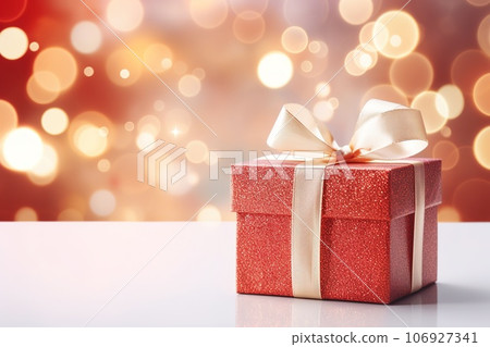 Groups of Christmas presents and balls against the backdrop of a festive Christmas tree with colored festive lights. Groups of Christmas presents and balls against the backdrop of a festive Christmas tree with colored festive lights. 106927341