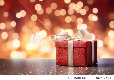 Groups of Christmas presents and balls against the backdrop of a festive Christmas tree with colored festive lights. Groups of Christmas presents and balls against the backdrop of a festive Christmas tree with colored festive lights. 106927343
