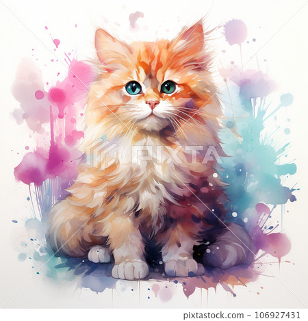 Watercolor painting, fluffy brown tabby cat 106927431