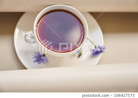 Top view of the chicory drink. Cichorium flowers in a saucer, on a light background. Flowers of ordinary chicory or cichorium dioecious. With space to copy. High quality photo Top view of the chicory drink. Cichorium flowers in a saucer, on a light background. Flowers of ordinary chicory or cichorium dioecious. With space to copy. High quality photo 106927573