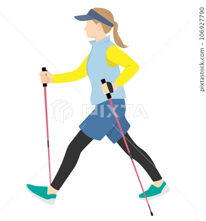 越野行走，女人用拐杖行走 106927790