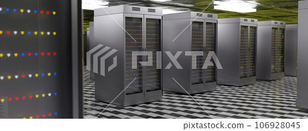 Server room. Server data center. Backup, mining, hosting, mainframe, farm and computer rack with storage information. 3d rendering 106928045