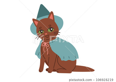 Halloween cat. Brown kitten in blue witch costume. Happy halloween costume illustration. Halloween cat. Brown kitten in blue witch costume. Happy halloween costume illustration. 106928219