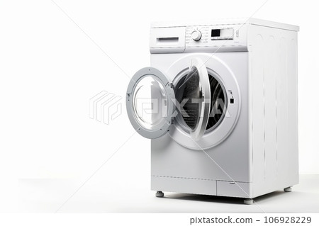 White Front Load Washing Machine Isolated on White Background. Modern Washer with Electronic Control Panel. Side View of Household and Domestic Major Appliance. Home Innovation. 106928229