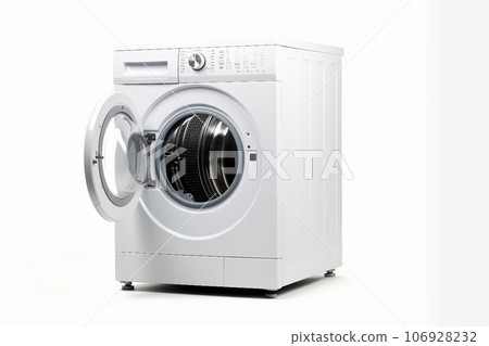 White Front Load Washing Machine Isolated on White Background. Modern Washer with Electronic Control Panel. Side View of Household and Domestic Major Appliance. Home Innovation. 106928232