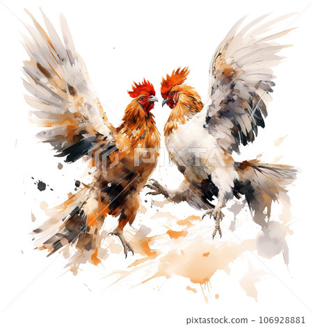 Watercolor painting of two bantams are hitting each other on white background. Wildlife Animals. Illustration, Generative AI. 106928881