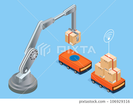 Automation Industry 4.0 concept with Robot arm and cardboard boxes on Autonomous Robot Transportation operation service. Vector illustration eps10 106929316