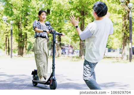Electric scooter collides with a pedestrian - traffic accident image Electric scooter collides with a pedestrian - traffic accident image 106929704