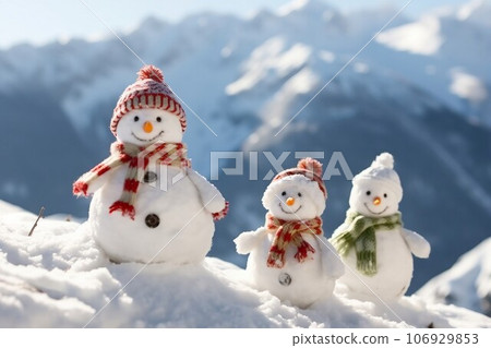 Happy snowmans in mountains, copy space Happy snowmans in mountains, copy space 106929853