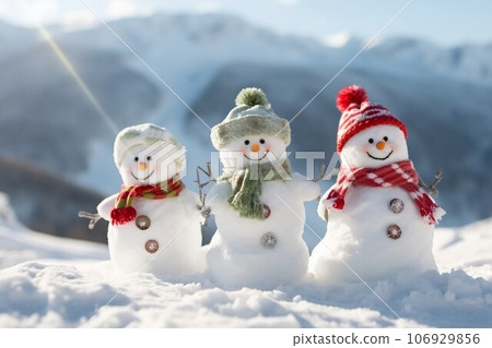 Happy snowmans in mountains, copy space 106929856