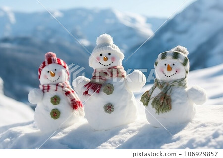 Happy snowmans in mountains, copy space Happy snowmans in mountains, copy space 106929857