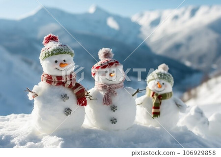 Happy snowmans in mountains, copy space Happy snowmans in mountains, copy space 106929858