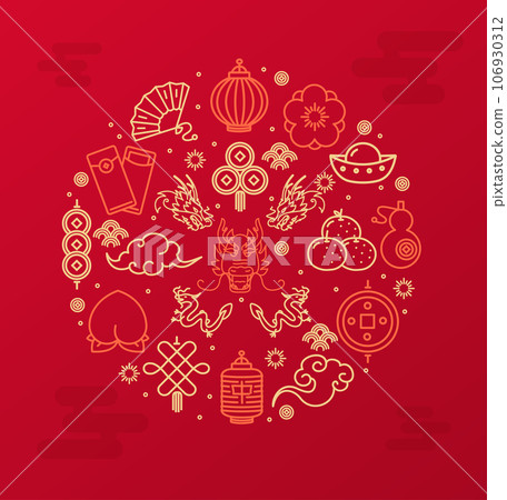 Chinese New Year Round Design Template Thin Line Icon Concept. Vector 106930312