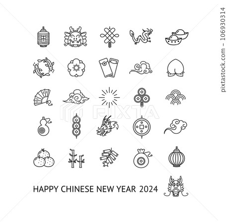 Chinese New Year Signs Thin Line Icons Set. Vector 106930314