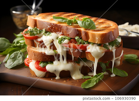 Delicious toasted bread with mozzarella cheese, tomatoes and basil 106930390