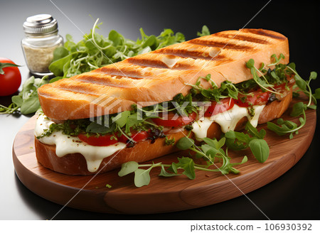 Sandwich with mozzarella, tomatoes and arugula on wooden board 106930392