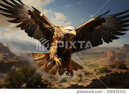 A bald eagle flying in a desert environment. 106930542