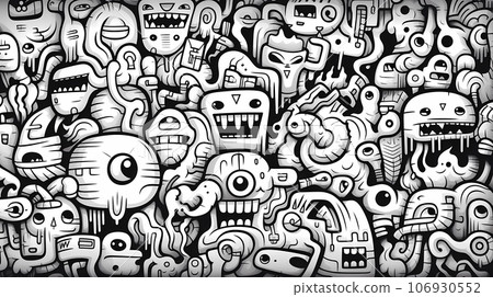 手绘卡通抽象艺术感黑白涂鸦图案 106930552