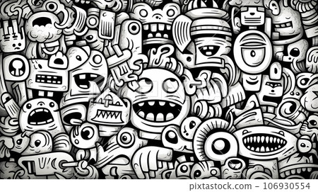 手绘卡通抽象艺术感黑白涂鸦图案 106930554