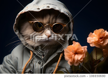 Cute cat wearing sunglasses and jacket with flowers. Fashion photo. 106930690