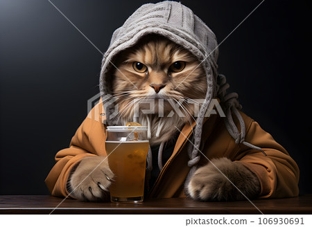 Funny cat in a hoodie with a mug of beer. 106930691