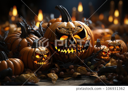 halloween pumpkins on table 106931362