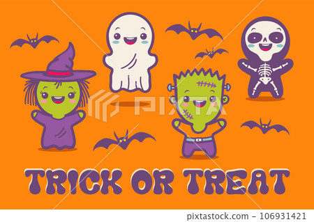 Vector set illustration of children in costumes for Halloween. Illustrations with cute kids in Halloween monsters costumes. Vintage card. 106931421