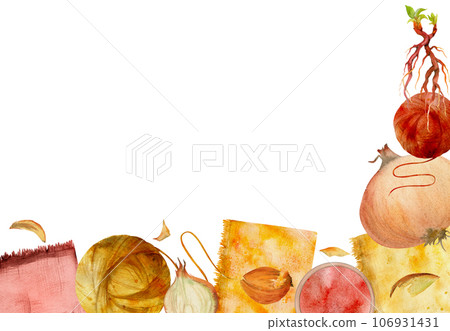 Hand drawn watercolor madder root, onion natural plant dye, materials for hobby, handmade fabric. Illustration isolated composition, white background. Shop logo, print, website, business card, booklet Hand drawn watercolor madder root, onion natural plant dye, materials for hobby, handmade fabric. Illustration isolated composition, white background. Shop logo, print, website, business card, booklet 106931431