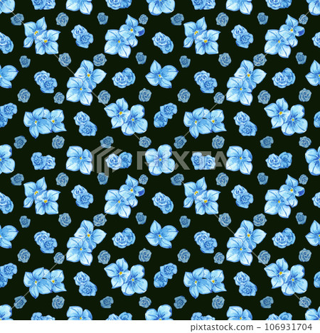 Hand drawn watercolor blue hortense flowers seamless pattern isolated on black background. Can be used for textile, fabric, gift-wrapping and other printed products. 106931704