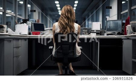 Back side of a hopeless woman sitting in an office area. Sad businesswoman. Generative AI. 106931826