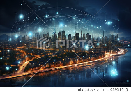 network connection graphic overlay background on night sky 106931943