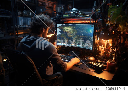 hacker in computer working on computer at night 106931944