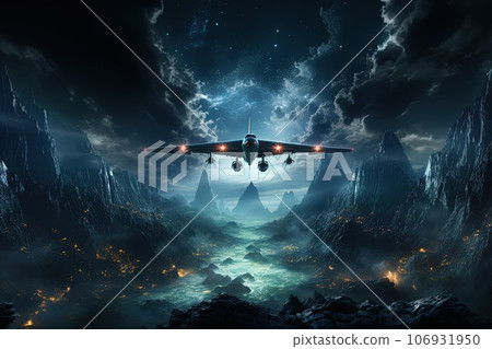 airplane flying over the dark sea 106931950