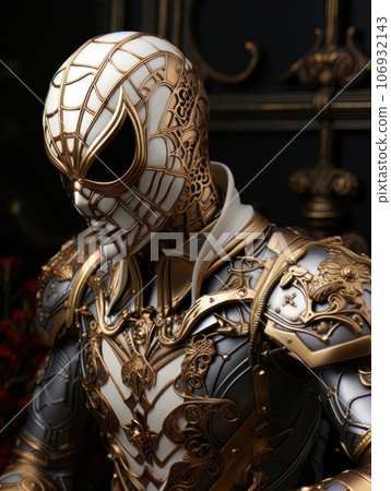 Superhero man in white mask with golden patterns in the form of web. AI 106932143