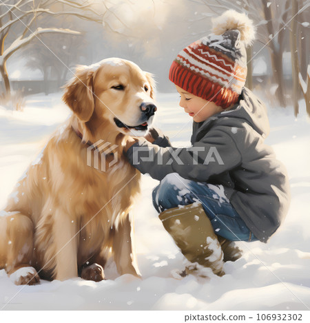 Cute boy playing with dog 106932302
