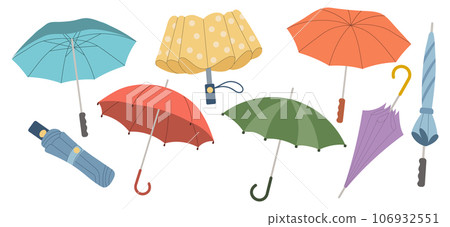Set of rain umbrellas, open and closed umbrellas. Collection of seasonal accessories. Illustration in flat style. Vector Set of rain umbrellas, open and closed umbrellas. Collection of seasonal accessories. Illustration in flat style. Vector 106932551