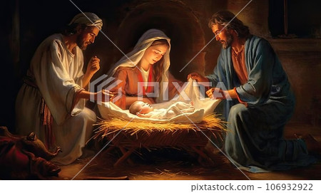 Nativity scene with birth of Christ 106932922