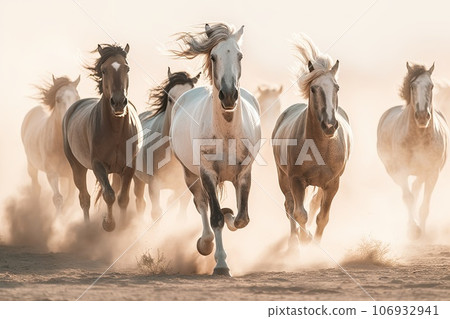 Herd of wild horses galloping Herd of wild horses galloping 106932941