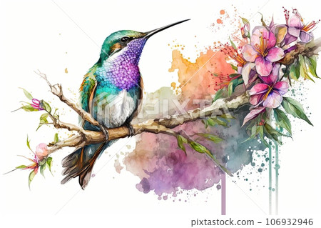 Colorful humming bird on stick tree with flower Colorful humming bird on stick tree with flower 106932946