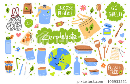 Cartoon Color Zero Waste Elements Set Earth Day Concept Flat Design Style Reusable Items Bag and Container . Vector illustration 106933231